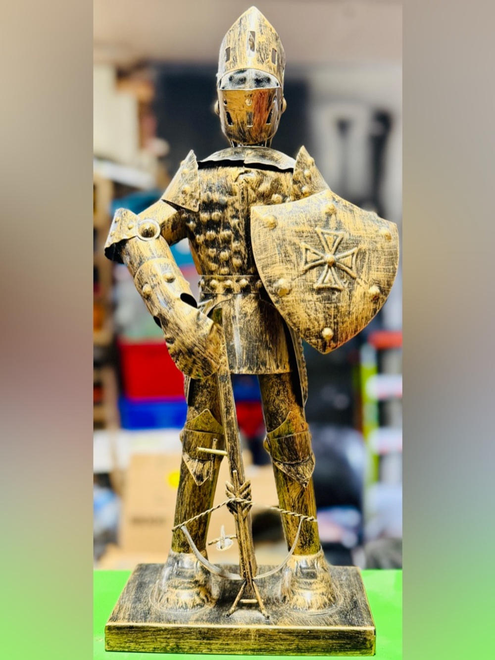 16” Medieval Knight Armor Statue Tin Metal Figurine Shield Sword Decor